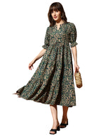 Kzully | Dress For Women | Midi Dress | Floral Printed | Polyester Fabric | Bell Sleeve Ethnic A-Line | Tiered Fit & Flare | Cas