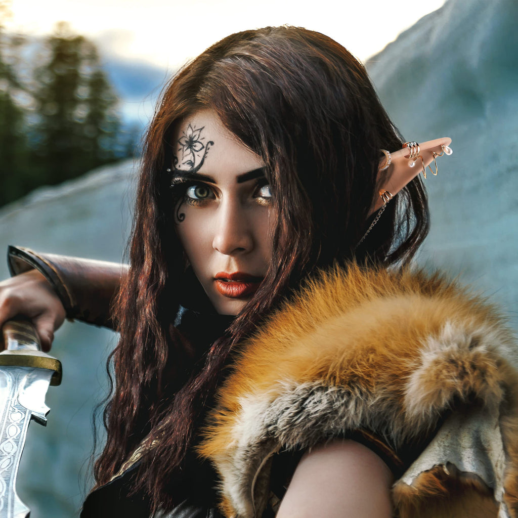 FRESHME Elf Ears with Piercings Earring Cuffs Set - Cosplay Fairy Pixie Ears with Pearl Earrings Chain Set, Non-Piercing Cartila