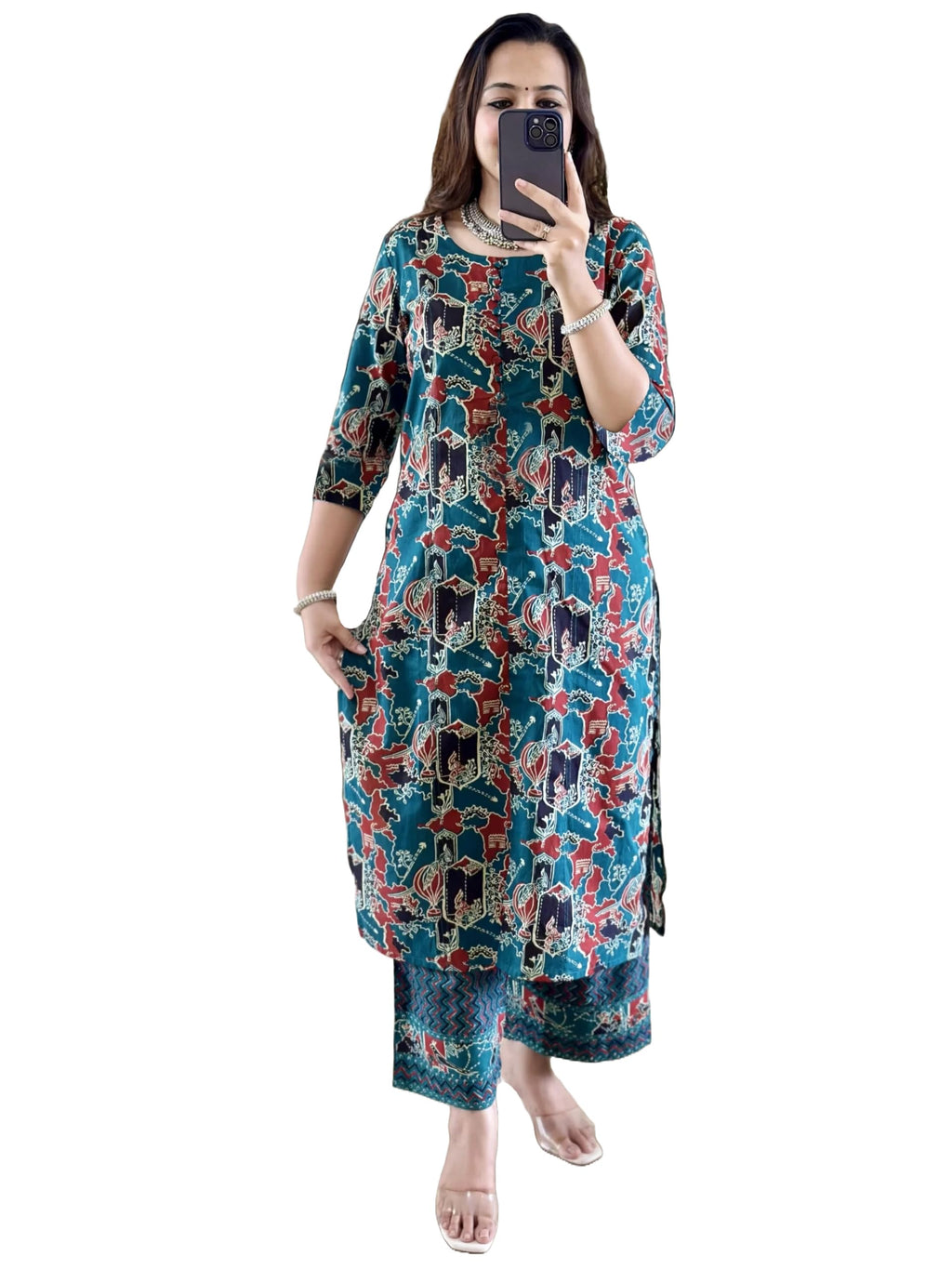 ANNI DESIGNER Womens Rayon Viscose Straight Printed Kurta with Pant (Palhar Blue_L_Blue_Large)