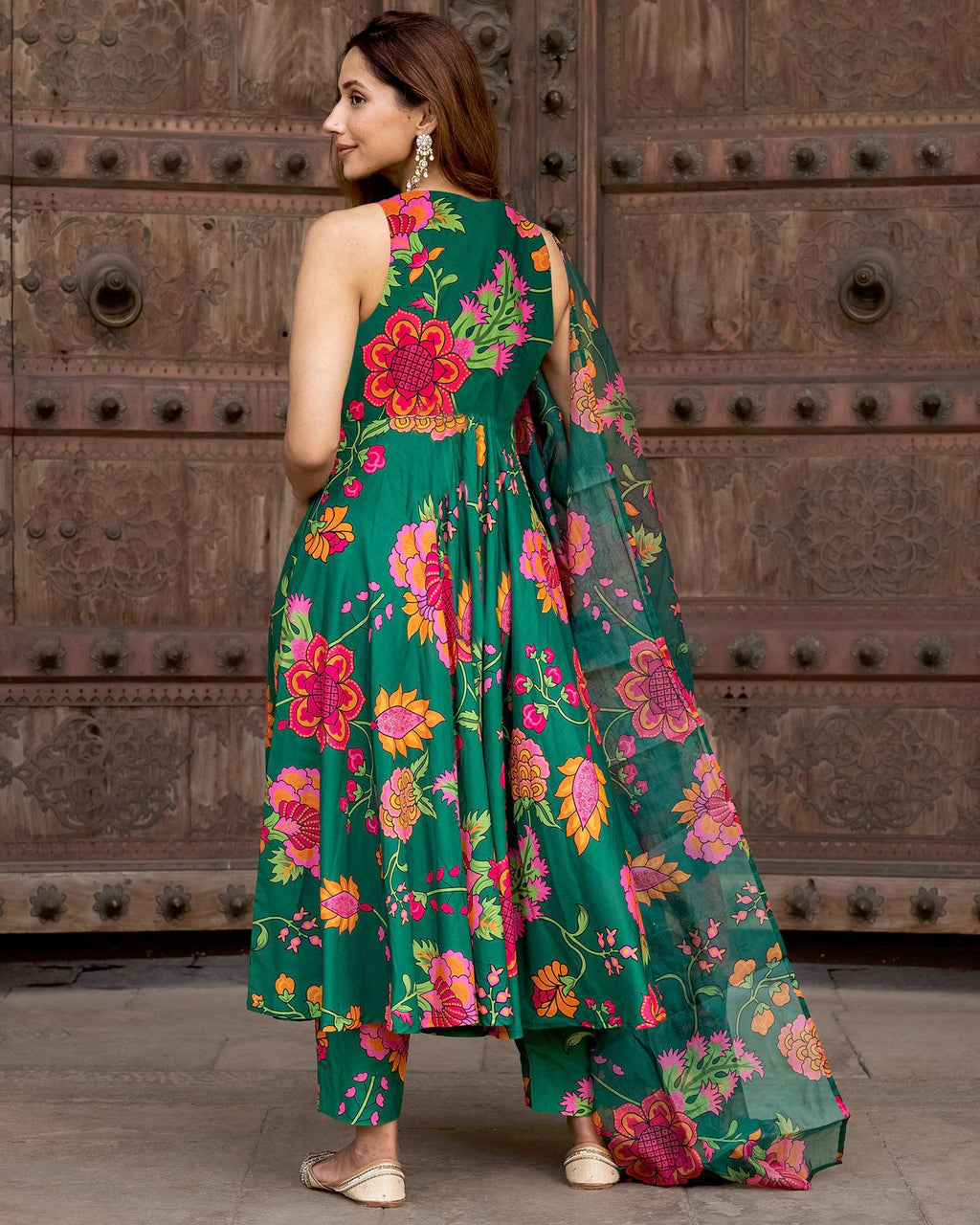 GoSriKi Womens Cotton Blend Printed Anarkali Kurta with Pant & Dupatta