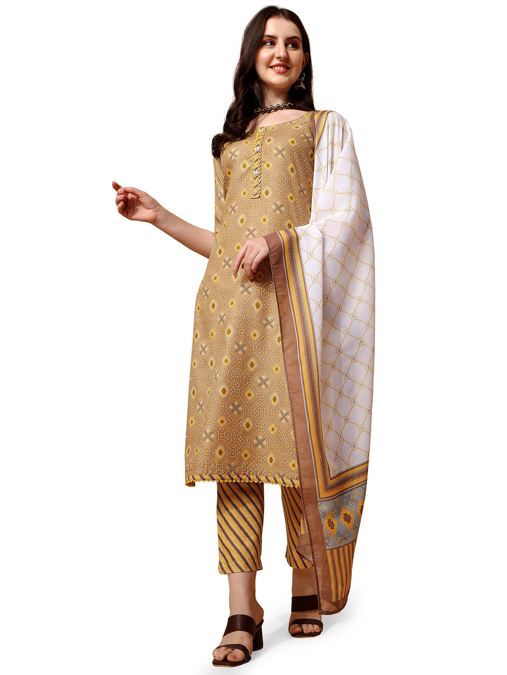 Nainvish Women'S Cotton Blend Straight Round Neck Printed Kurta Pant With Dupatta (Sd401_Kbd-L_Yellow)