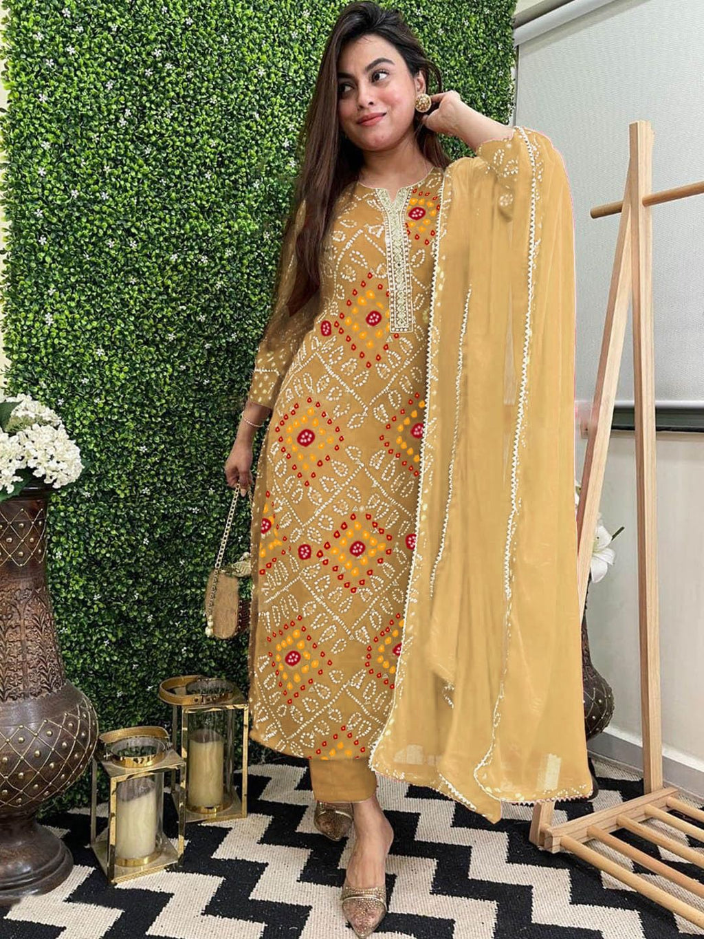 ANNI DESIGNER Womens Rayon Blend Floral Straight Kurta with Pant & Dupatta (TURAE-RED-G8S_Cream_Medium)