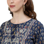 Ishin Women'S Pure Cotton Navy Blue Embroidered A-Line Kurta Set With Trouser And Dupatta