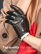 YISEVEN Women's Sheepskin Leather Gloves White Bow Knot Wool or Fleece Fur Lined Luxury for Ladies Winter Accessories Hand Warm