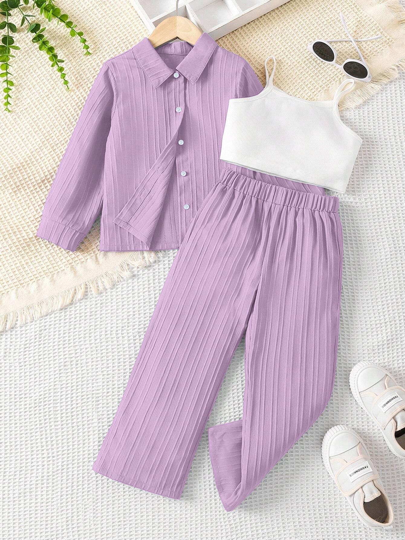 Tagas Girl Casual Simple Style Camisole Top, Long Sleeve Shirt And Straight Pants || COORDINATED_OUTFIT FOR GIRLS ||3 Piece Set|