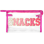 Y1tvei Large Clear SNACKS Pouch - Preppy Patch Rose Red Chenille Varsity Letter PVC Transparent Extra Large Cosmetic Makeup Bag 