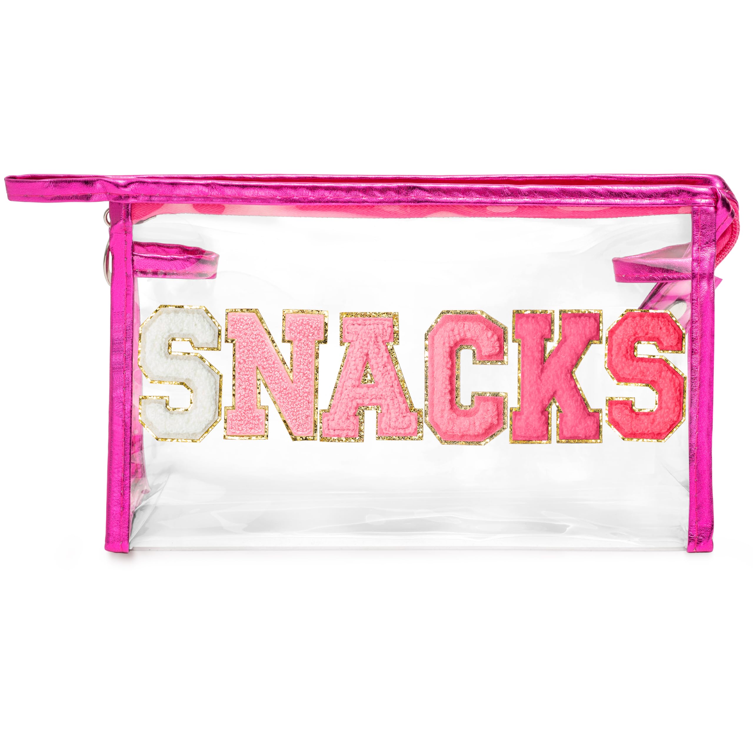 Y1tvei Large Clear SNACKS Pouch - Preppy Patch Rose Red Chenille Varsity Letter PVC Transparent Extra Large Cosmetic Makeup Bag 