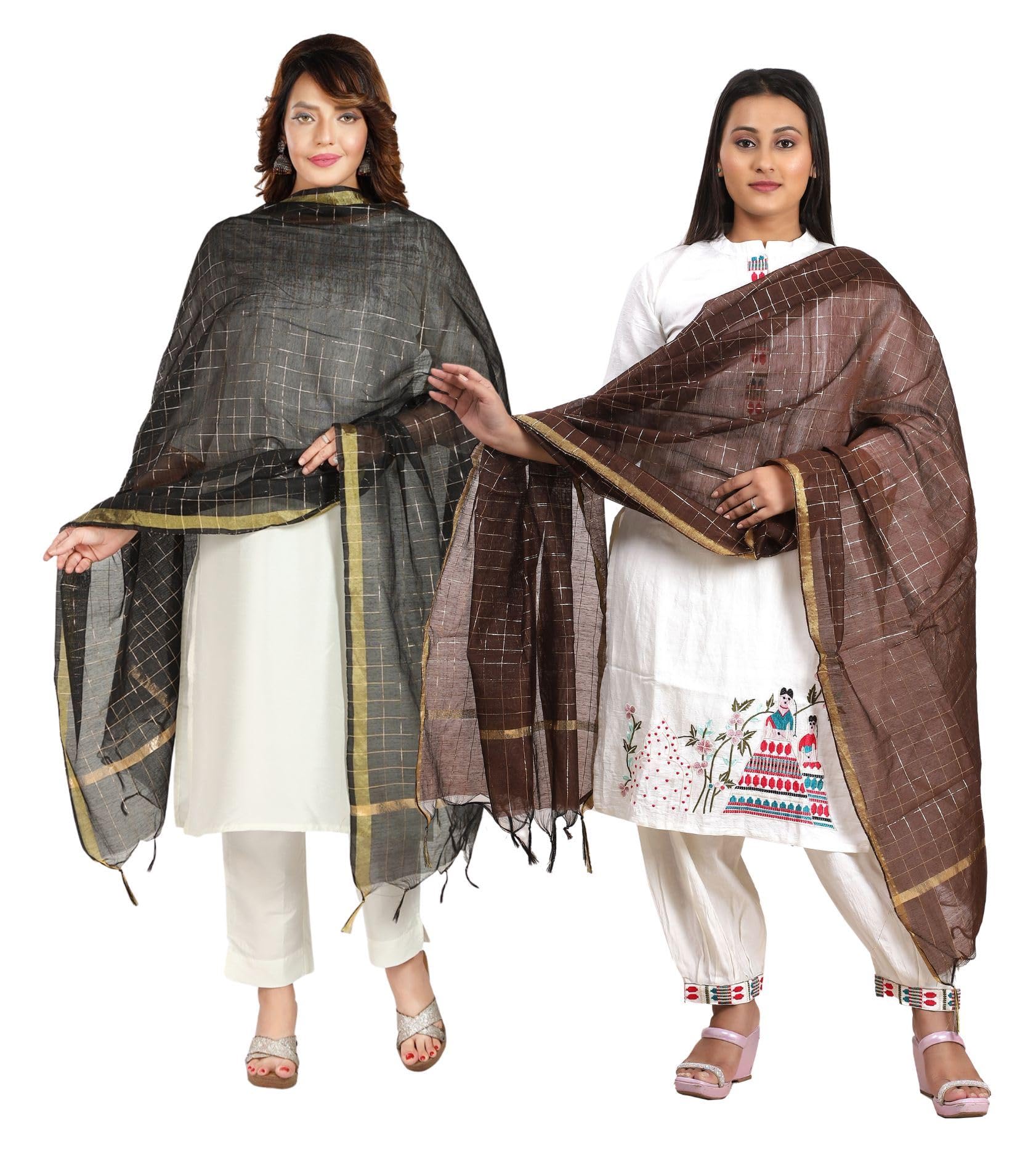 Fabme Women'S Checkered Dupatta With Embellish Golden Border Chocolate, Black - Pack Of 2