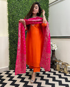 ANNI DESIGNER Women s viscose rayon embroidered straight Kurta with trousers and dupatta, Orange, 44