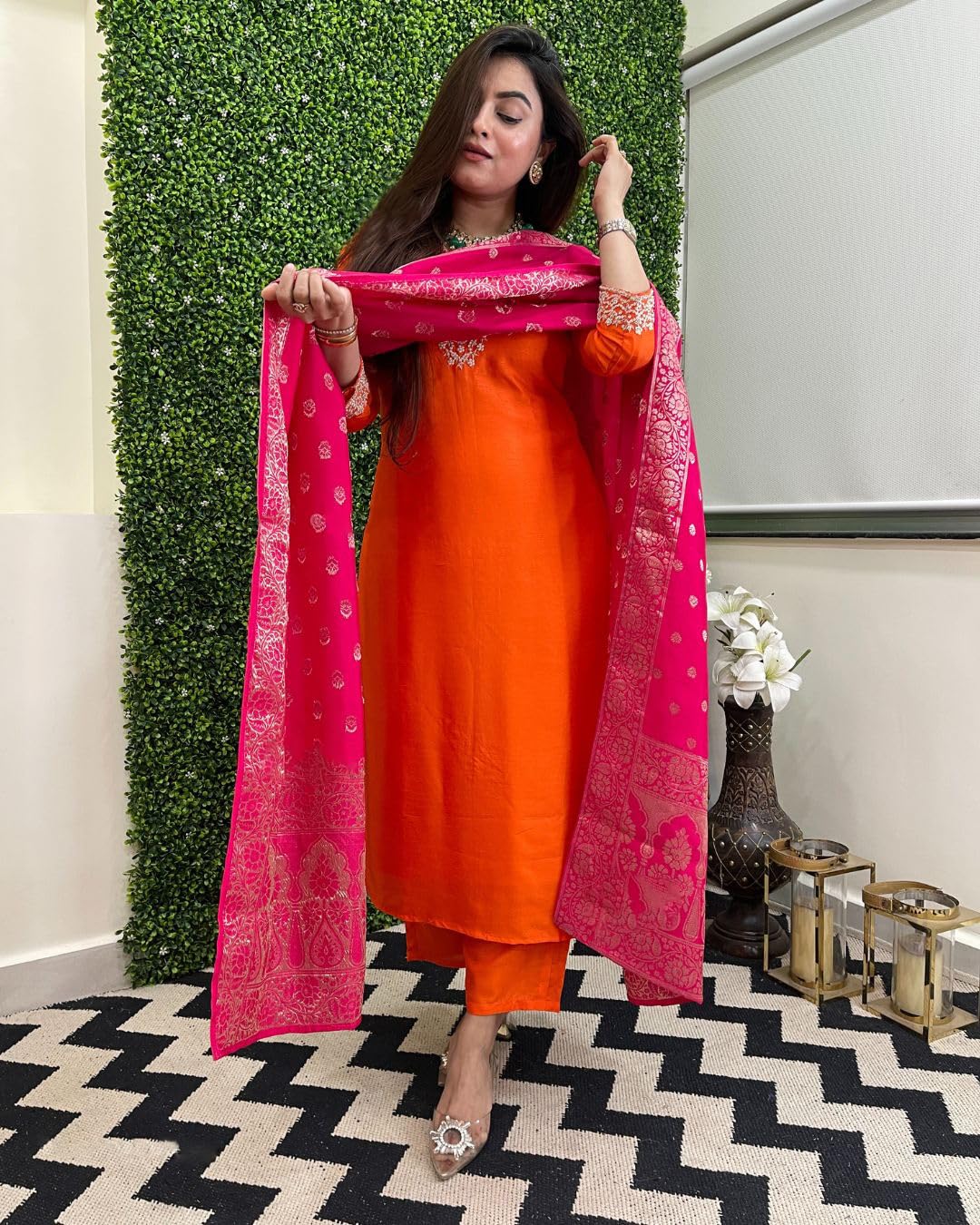 ANNI DESIGNER Women s viscose rayon embroidered straight Kurta with trousers and dupatta, Orange, 44
