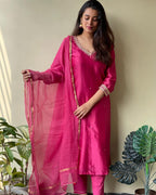 ANNI DESIGNER Womens Cotton Blend Straight Embroidered Kurta with Pant & Dupatta (BAGICHA-Rani_XXL_Pink_XX-Large)