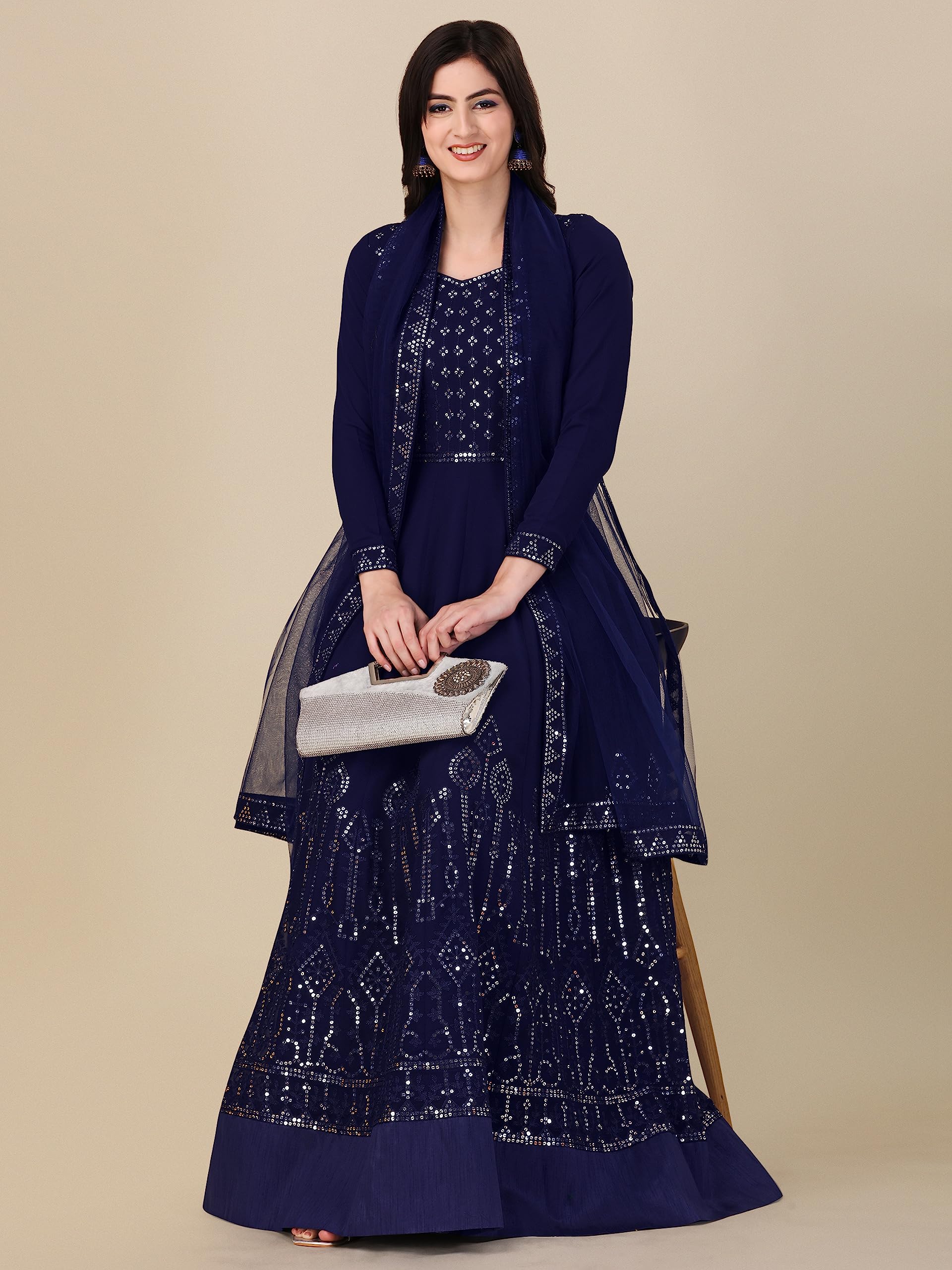 Fashion Basket Women'S Gerogette Blue Anarkali Kurta Pent With Dupatta Set