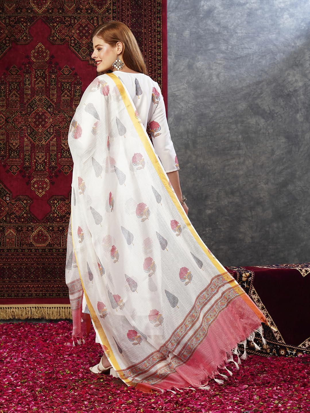 GoSriKi Women s Cotton Blend Printed Straight Kurta with Trousers and Dupatta