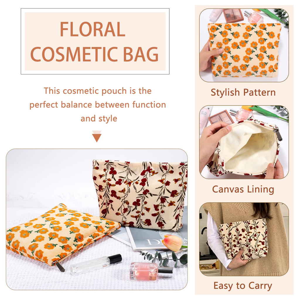 ZLFSRQ 2Pcs Daisy Flower Makeup Bag Travel Cute Cosmetic Bags for Women Large Floral Makeup Pouch Zipper Cosmetic Pouch Set for