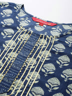 Anubhutee Women'S Cotton Blue Gota Patti Floral Printed Straight Kurta Suit Set With Pants And Dupatta