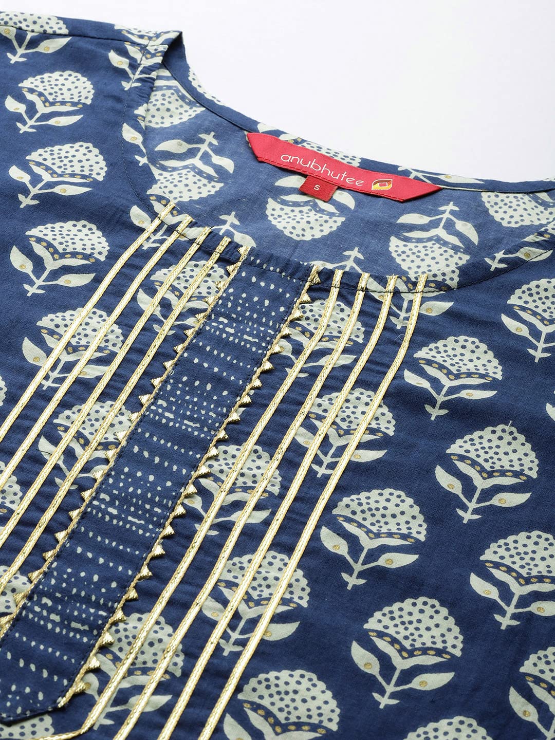 Anubhutee Women'S Cotton Blue Gota Patti Floral Printed Straight Kurta Suit Set With Pants And Dupatta