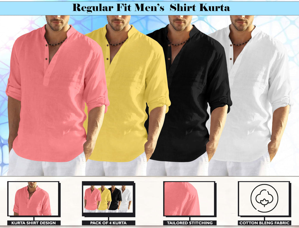 Zombom MenS Cotton Polyester Blend Solid Full Sleeve Regular Fit Kurta Shirt, Multicolor, Xxl, Combo Set Of 4