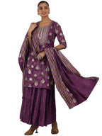 Libas Womens Printed Silk Blend Straight Kurta With Sharara And Dupatta
