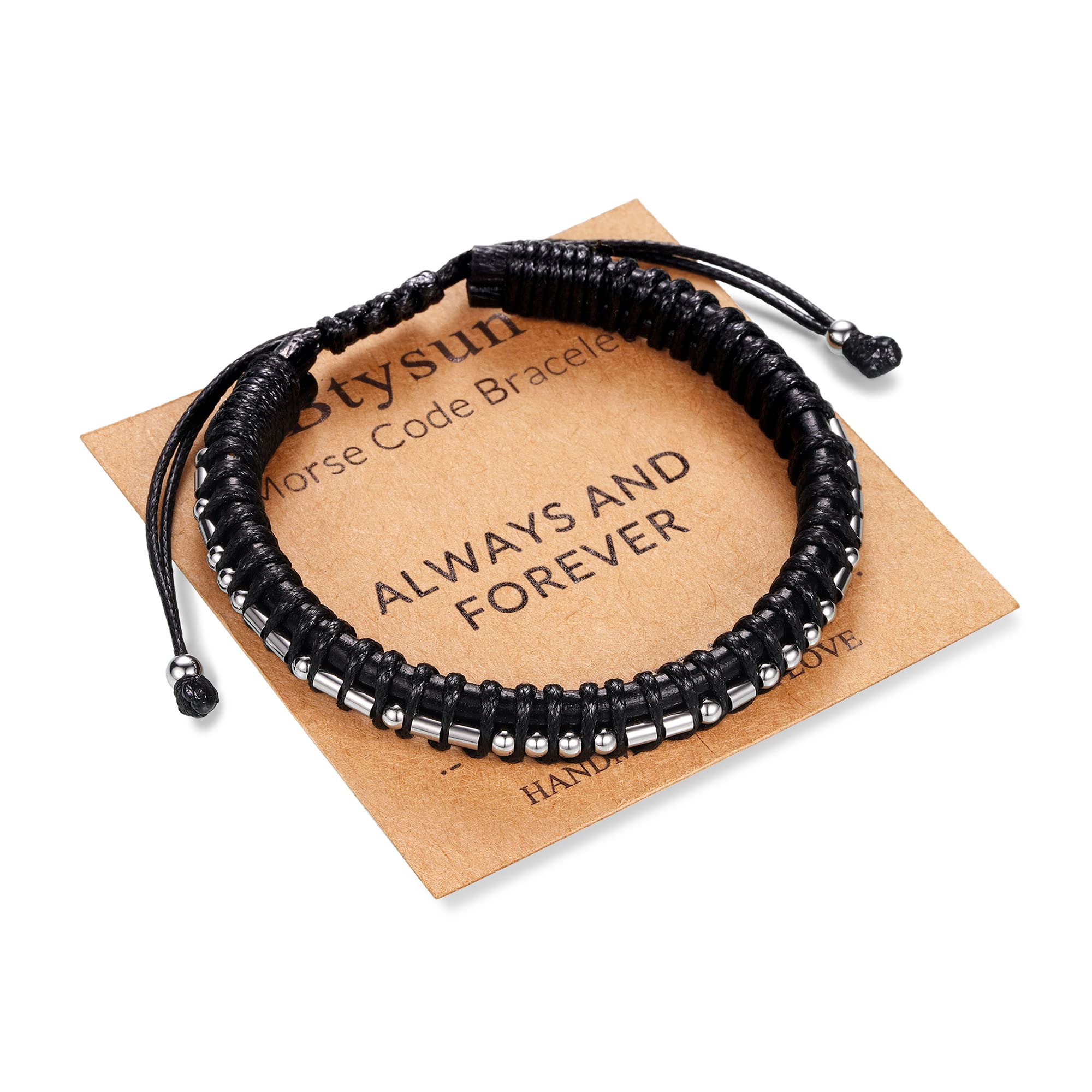 Morse Code Bracelet for Men Black Leather Braided Bracelets for Boyfriend Husband Promise Long Distance Anniversary Birthday Gif