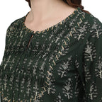 Ishin Women'S Pure Cotton A-Line Printed Gotta Patti Colourblocked Print Green Kurta Suit Set With Palazzo