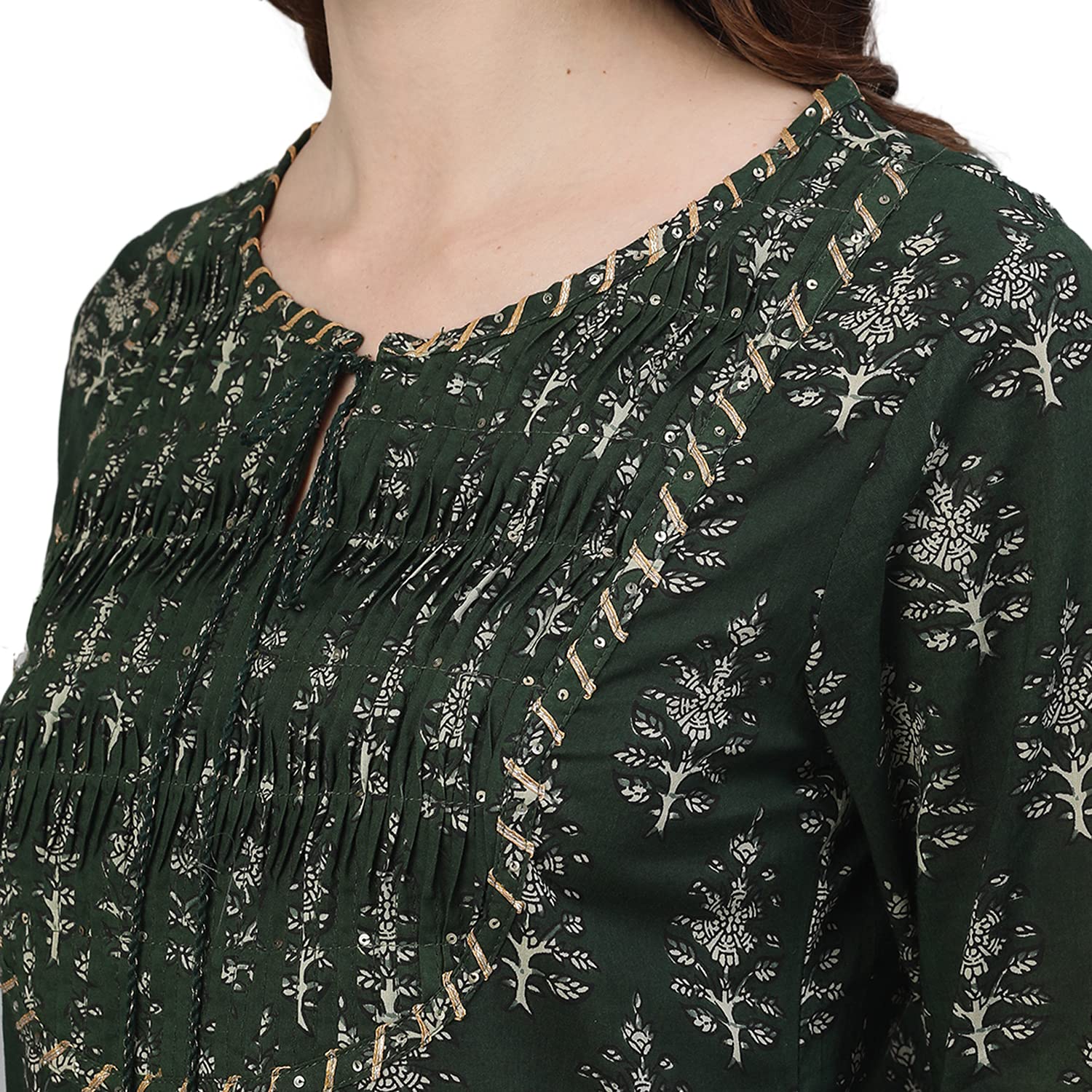 Ishin Women'S Pure Cotton A-Line Printed Gotta Patti Colourblocked Print Green Kurta Suit Set With Palazzo