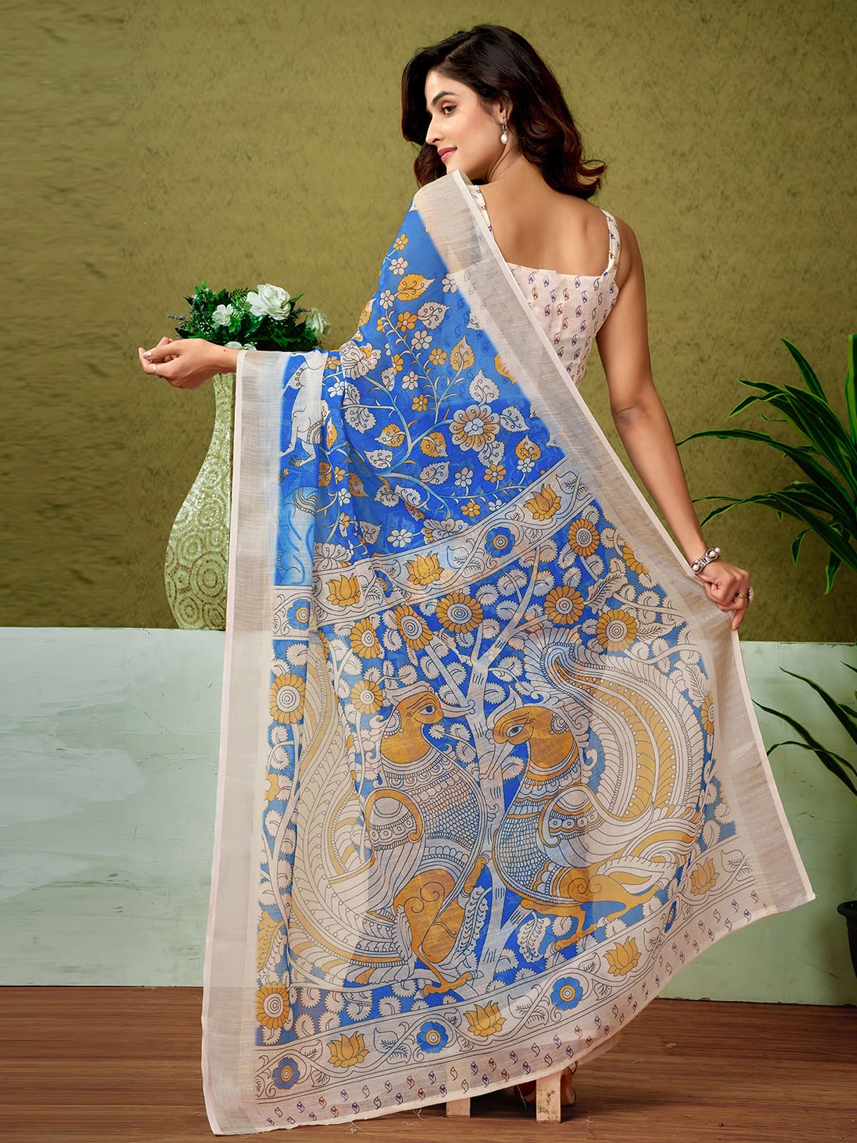 Satrani WomenS Linen Zari Border Printed Ready To Wear One Minute Pre Pleated Readymade Saree With Unstitched Blouse Piece (33R