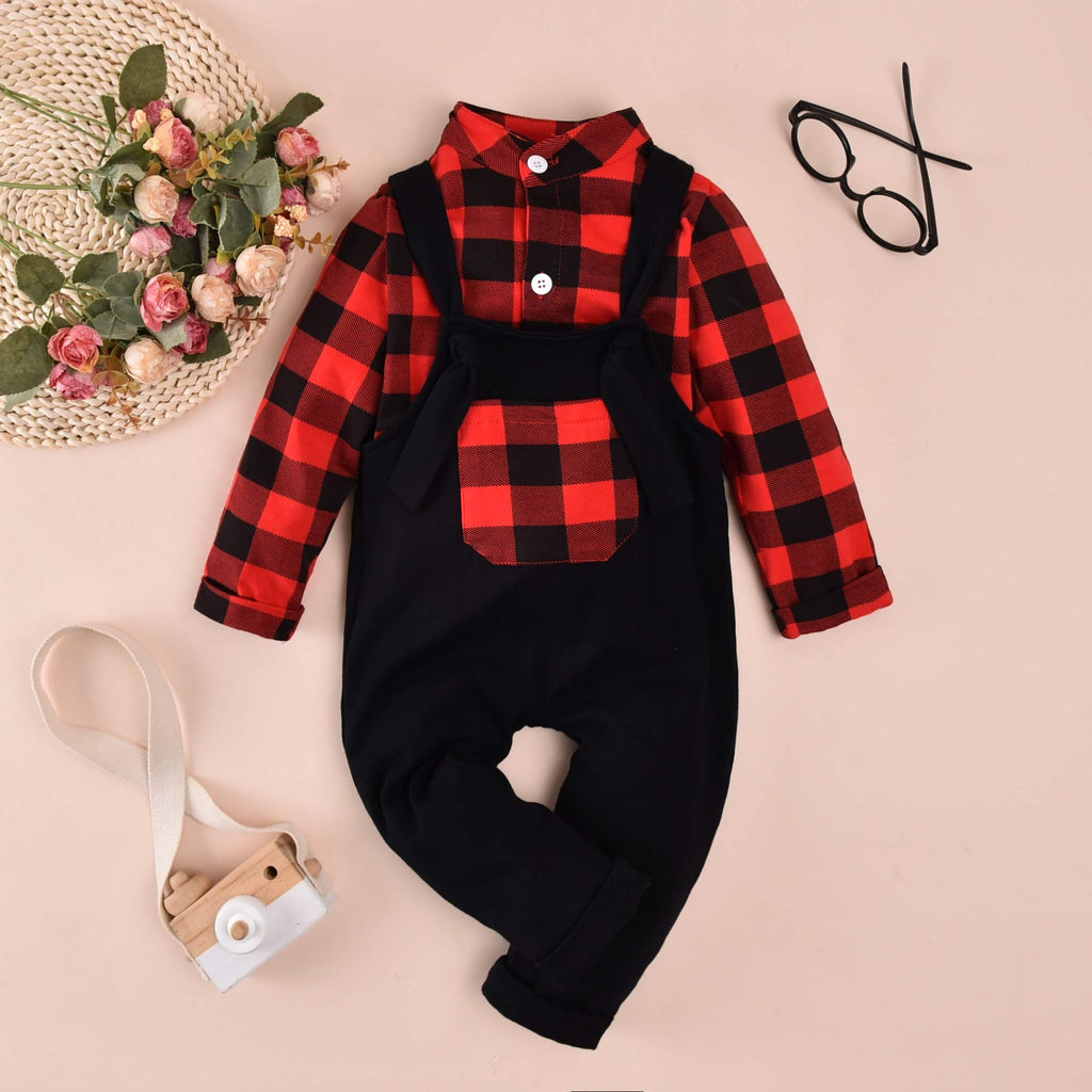 Unutiylo Baby Boys Girls Buffalo Plaid Overalls for Fall Winter, Toddler Christmas Clothes Babys Suspender Pants and Bodysuit Ro