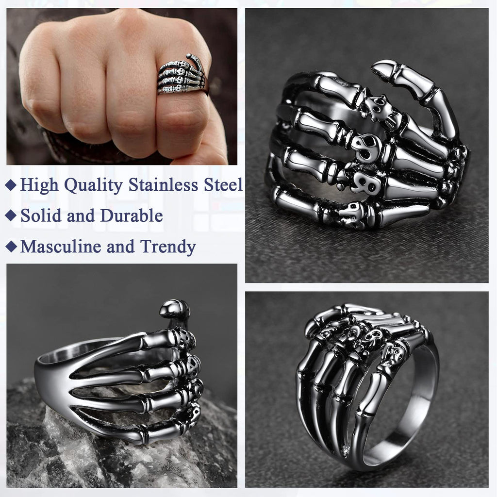 FaithHeart Punk Skull Hand Rings for Man Stainless Steel Gothic Halloween Party Accessories
