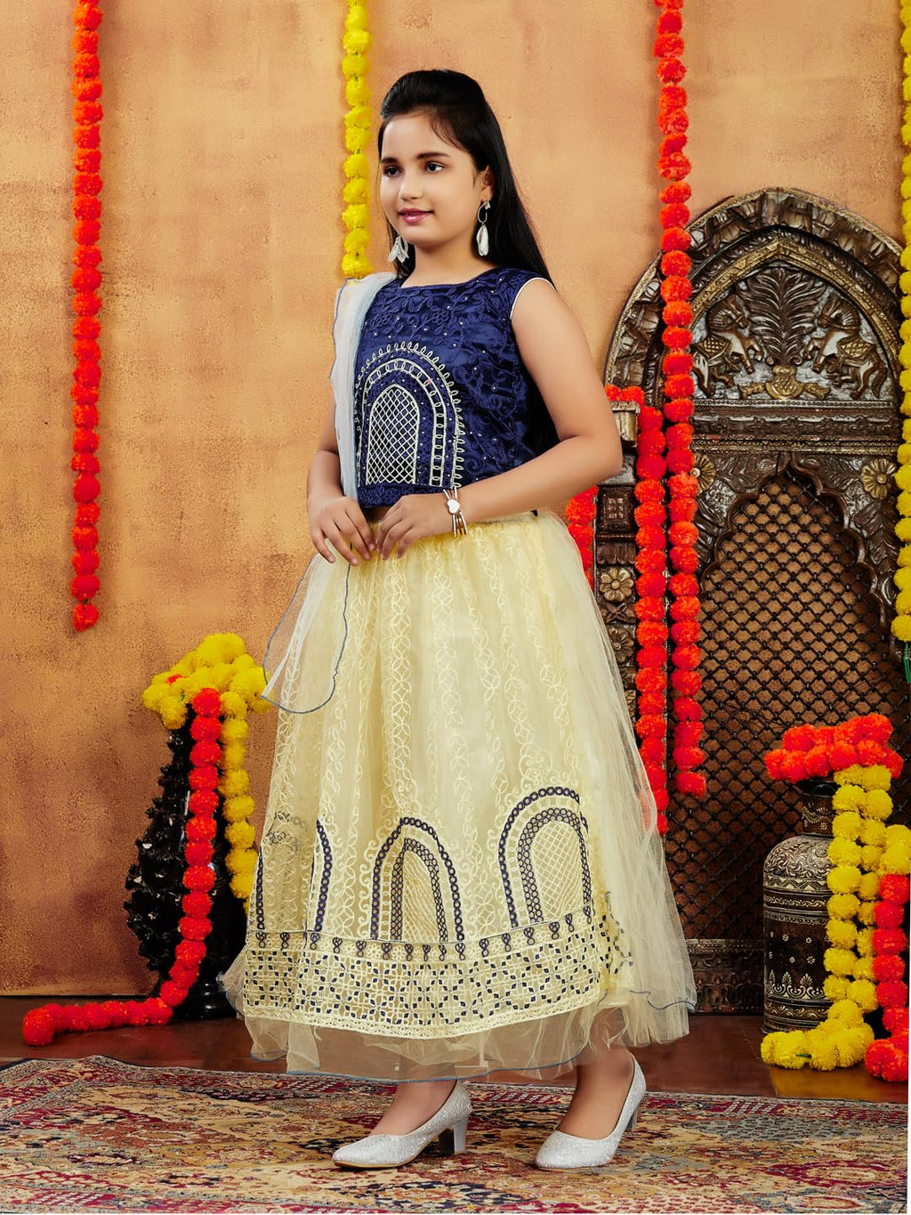 Aarika Girls Ethnic Wear Navy Blue-Beige Colour Thread Embroidery Net Lehenga Choli Set (4-10 Years)