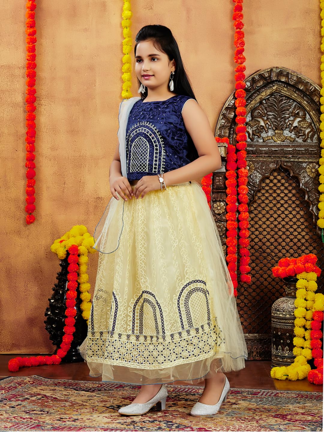 Aarika Girls Ethnic Wear Navy Blue-Beige Colour Thread Embroidery Net Lehenga Choli Set (4-10 Years)