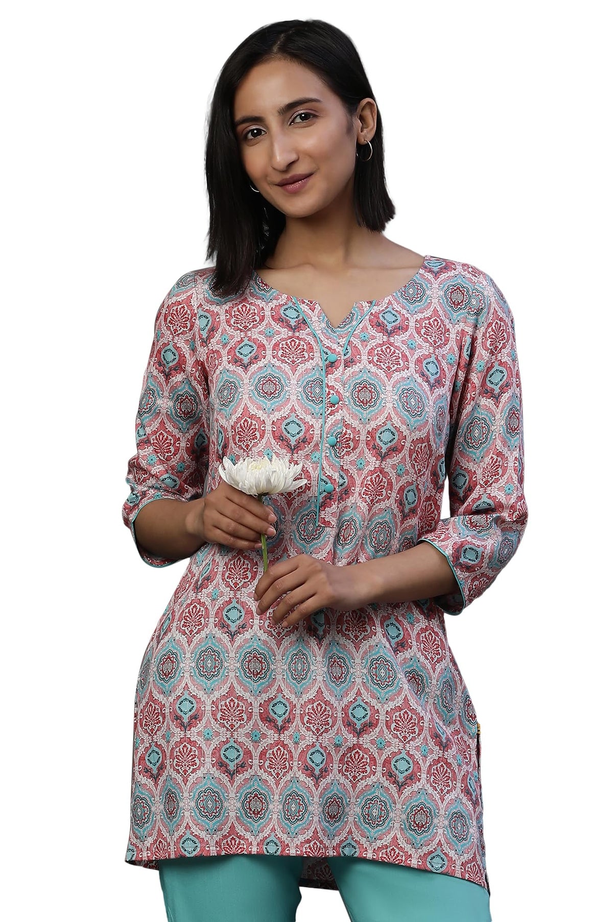 Aurelia Womens Cotton Floral Regular Kurti (24FEA30415_Pink