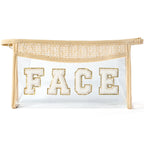 Belanttega Boho Patch GLAM Makeup Bag Clear Toiletry Bag Varsity Letter Travel Cosmetic Bag beige Transparent Waterproof Snacks 