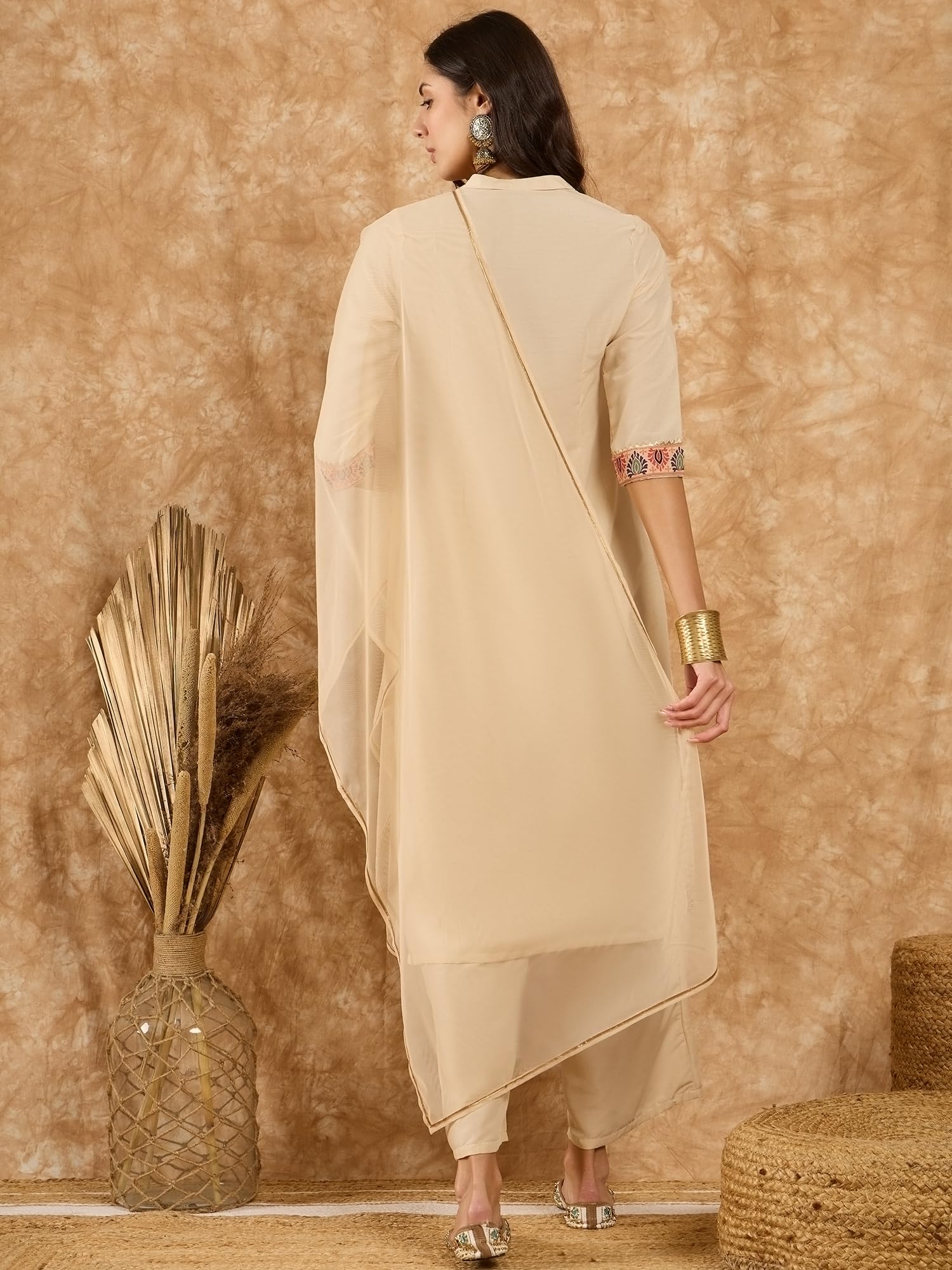 Ziyaa Art Silk Women'S Cream Chinon Kurta,Palazzo Set With Dupatta