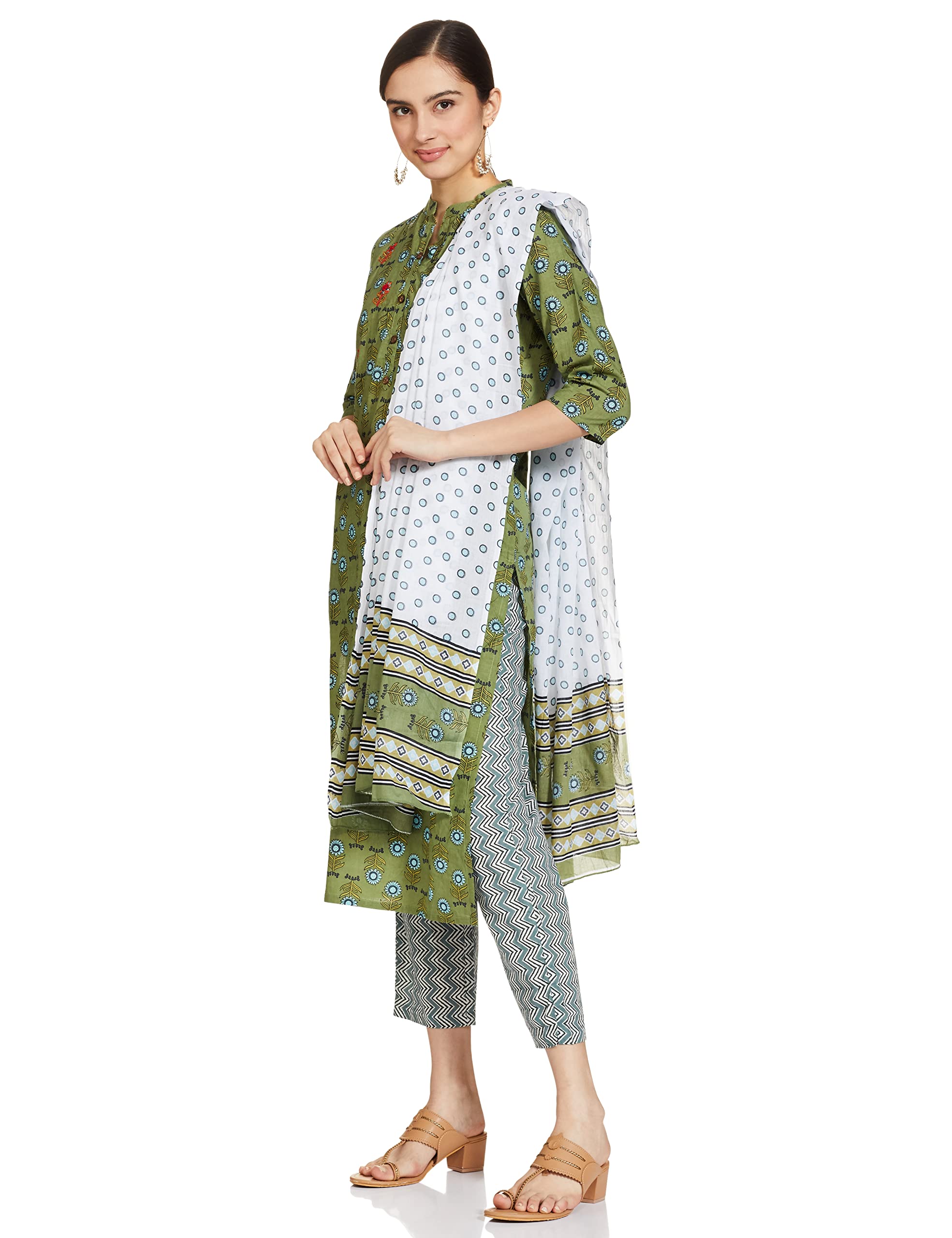 Anubhutee Women'S Cotton Olive Green Ethnic Motifs Printed Straight Kurta Suit Set With Pants And Dupatta
