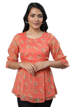 Aurelia Orange Floral Printed Printed Synthetic Regular Kurti For Women
