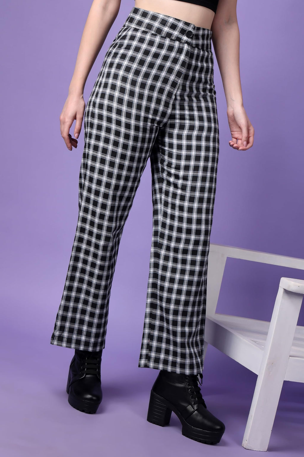 POPWINGS Casual Check Print Button and Zip Closure Trouser for Women | Western Wide-Leg Trouser for Women | Summer Trousers for