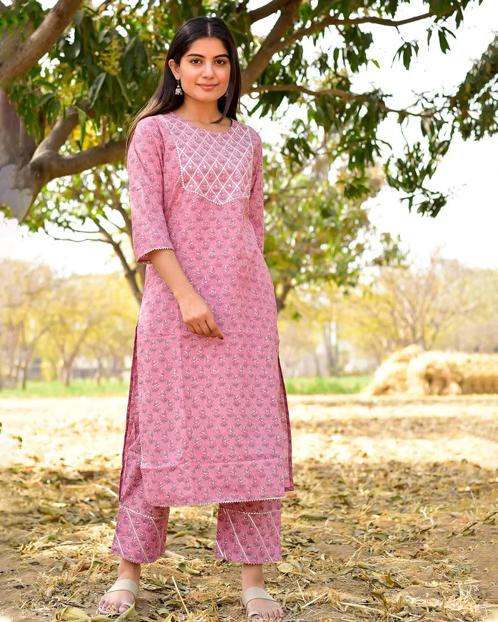 Gosriki Women'S Cotton Blend Stright Kurta With Pant