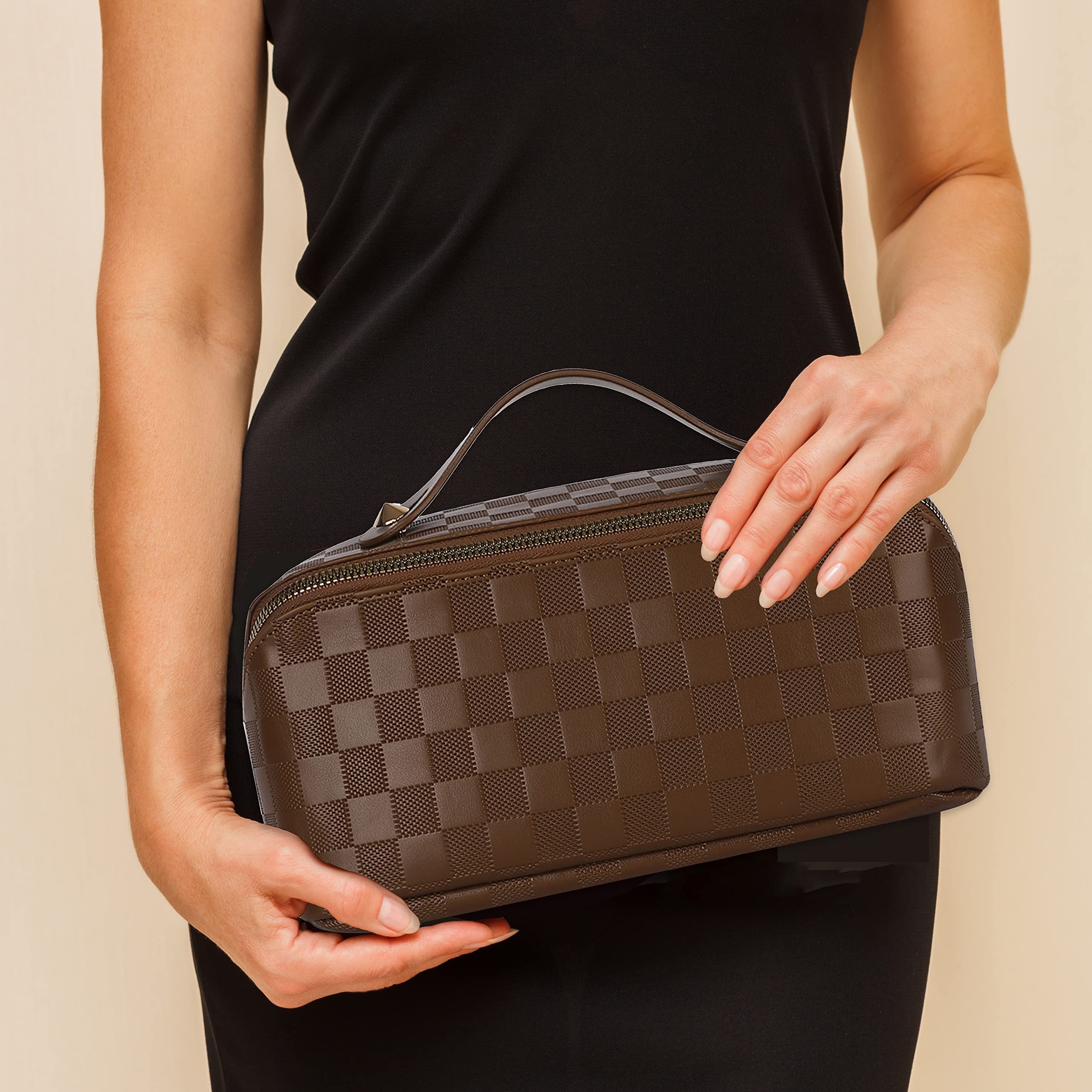 ALEXTINA Large Capacity Travel Cosmetic Bag - Portable Women Waterproof PU Leather Checkered Makeup Organizer with Dividers and