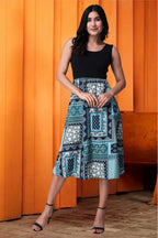 Popwings Casual Boho Printed And Solid Peplum Dress For Women | Summer Sleeveless Round-Neck Knee-Length Fit And Flare Stylish L