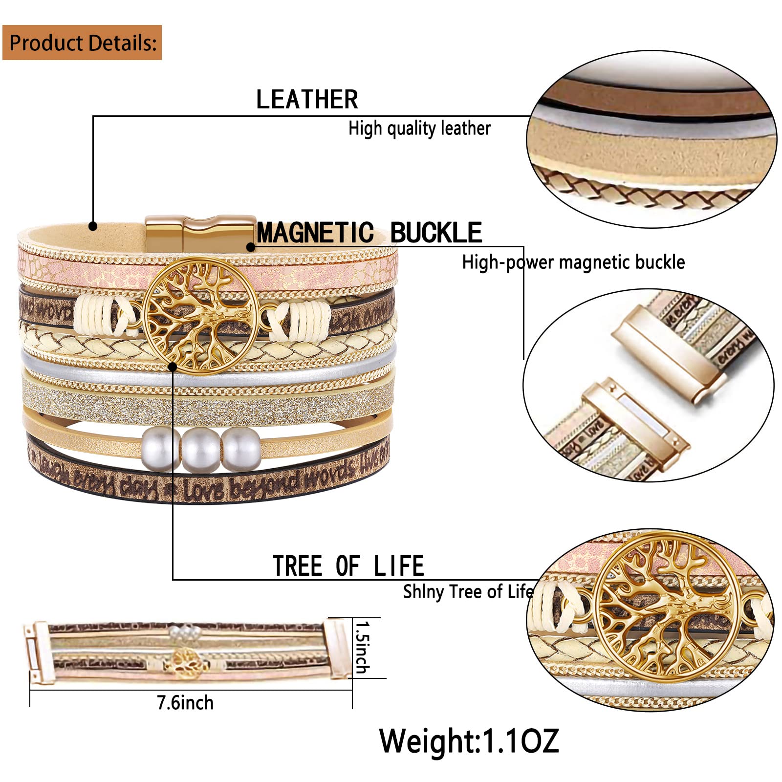 Inspirational Gifts, Tree of Life Leather Bracelets for Women, Trendy Stuff for Teen Girls, Christmas Birthday Gifts for Women G