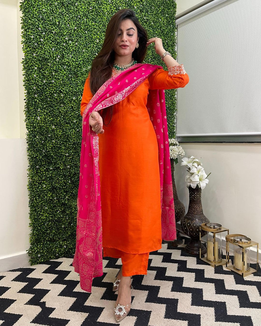 ANNI DESIGNER Women s viscose rayon embroidered straight Kurta with trousers and dupatta, Orange, 44