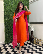 ANNI DESIGNER Women s viscose rayon embroidered straight Kurta with trousers and dupatta, Orange, 44