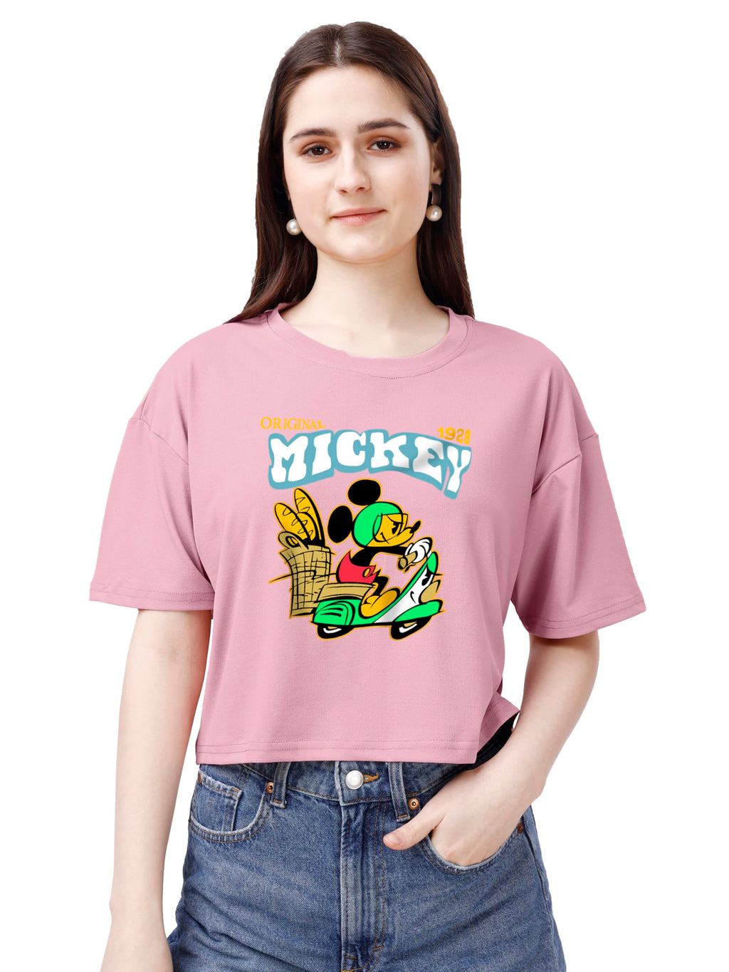 ELLITI Soft Rich Cotton Rose Gold Half Sleeve | Round Neck | Oversized/Loose Fit | Down Solder | Micky Crop Top for Women (Size: