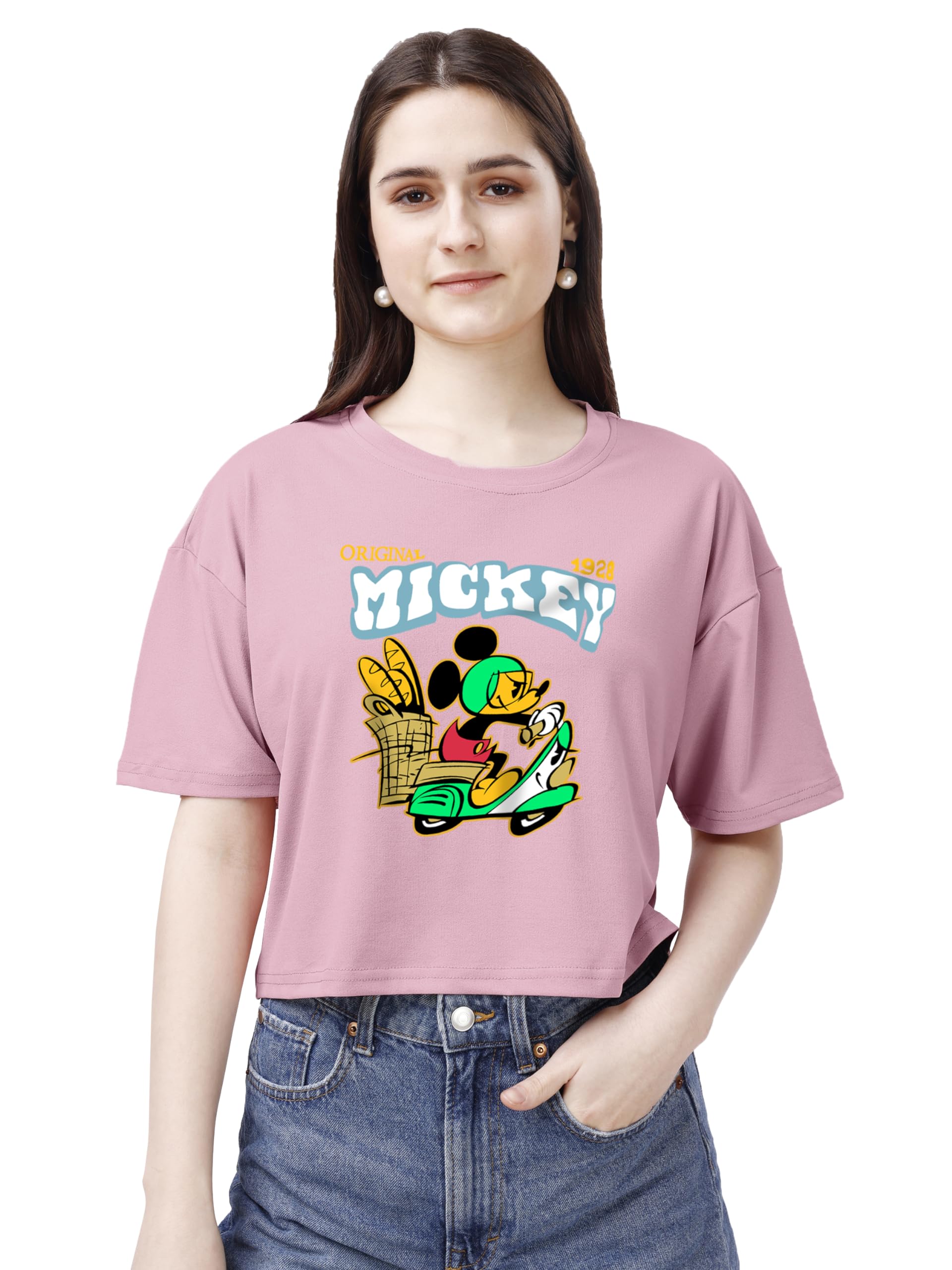 ELLITI Soft Rich Cotton Rose Gold Half Sleeve | Round Neck | Oversized/Loose Fit | Down Solder | Micky Crop Top for Women (Size: