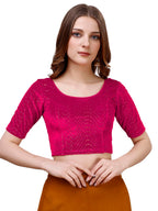 Pujia Mills WomenS Readymade Hosiery Velvet Lycra Stretchable Round Neck Half Sleeve Blouse With Jari Work Fancy Pink Color Lyc
