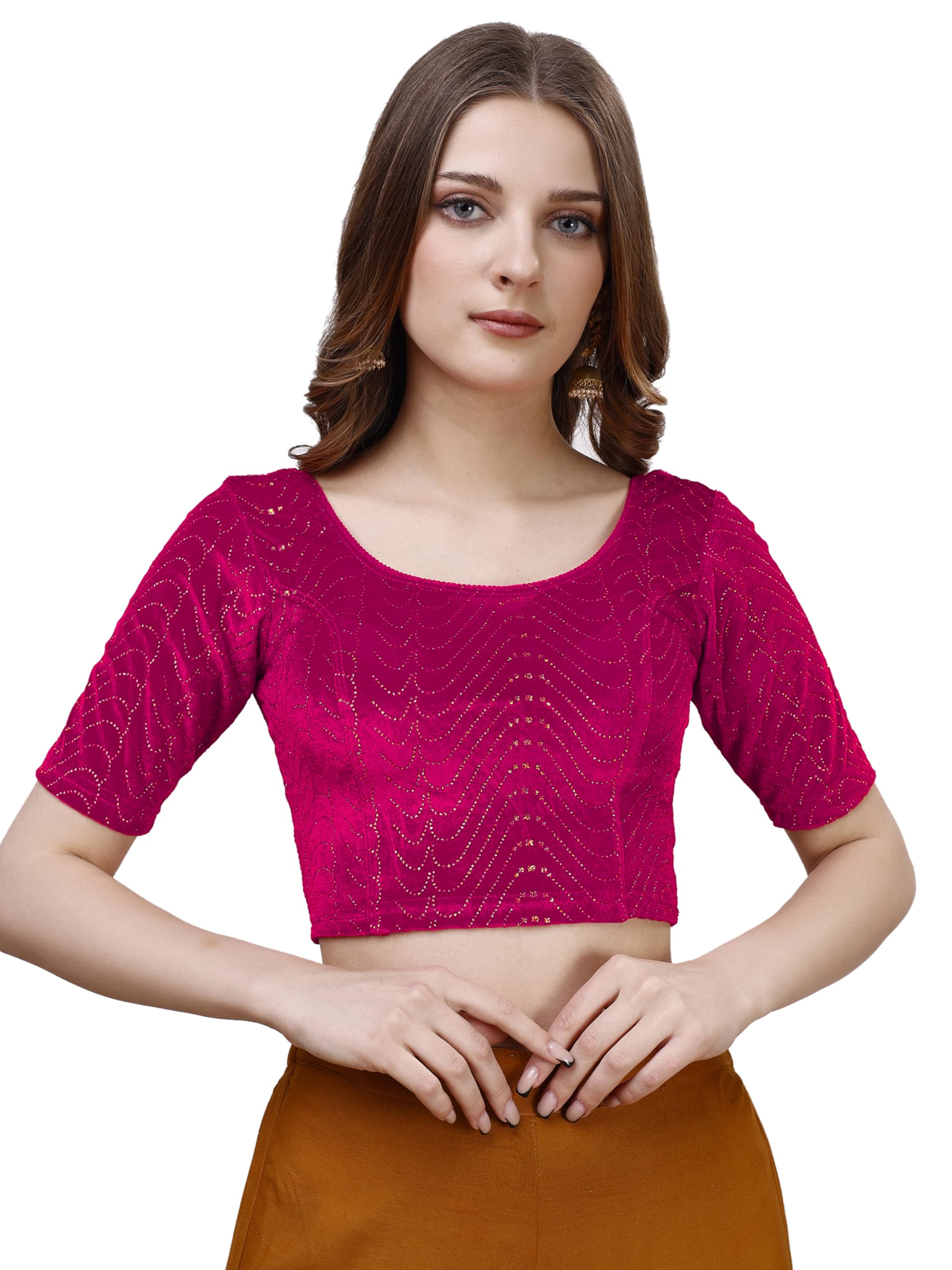 Pujia Mills WomenS Readymade Hosiery Velvet Lycra Stretchable Round Neck Half Sleeve Blouse With Jari Work Fancy Pink Color Lyc