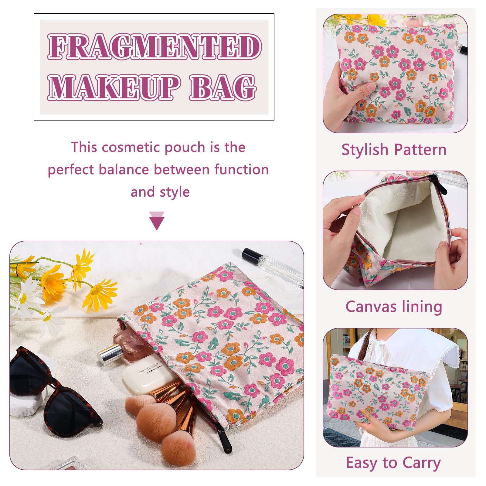 ZLFSRQ Daisy Flower Makeup Bag Travel Cute Floral Cosmetic Bags for Women Large Makeup Pouch Zipper Cosmetic Pouch for Purse Aes