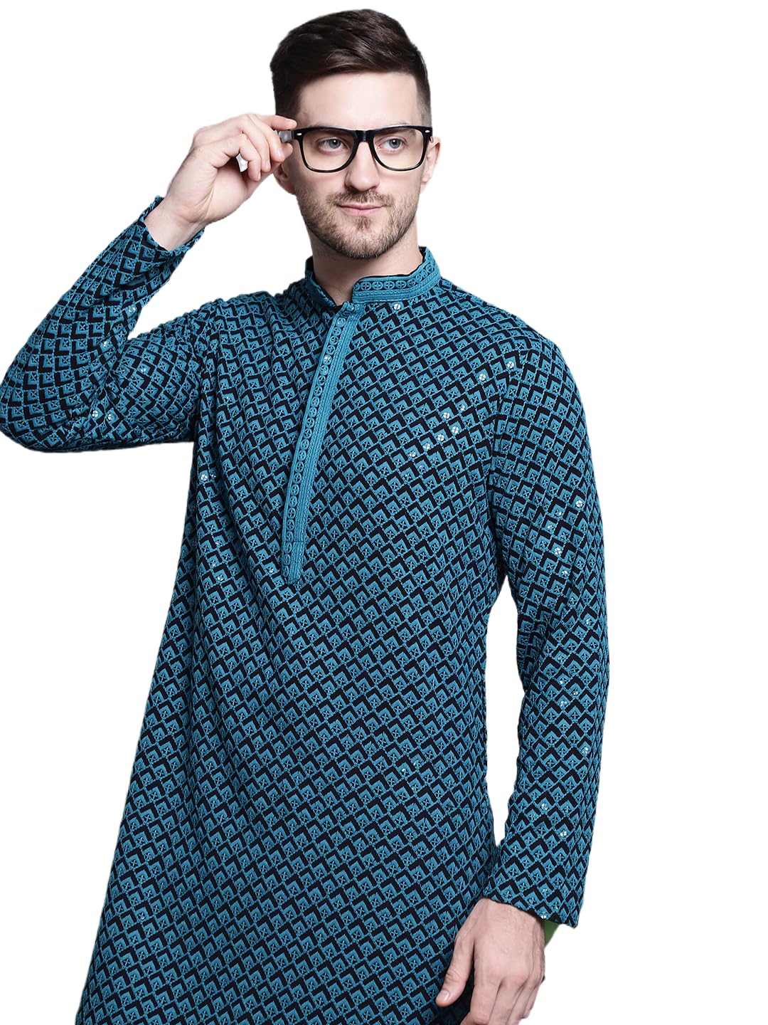 Jompers Mens Sequin Embroidered Pure Cotton Kurtas (Blue, S)