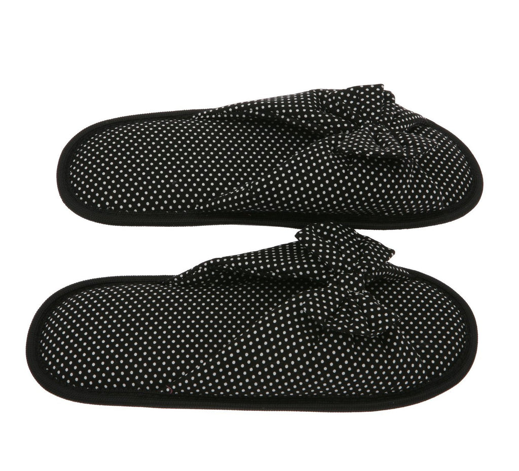 Living Health Products W5-7_blk-dot_5-6 Black Dots Printed Cotton Women Memory Foam Foot Bed Slipper with Butterfly tie -  5-6