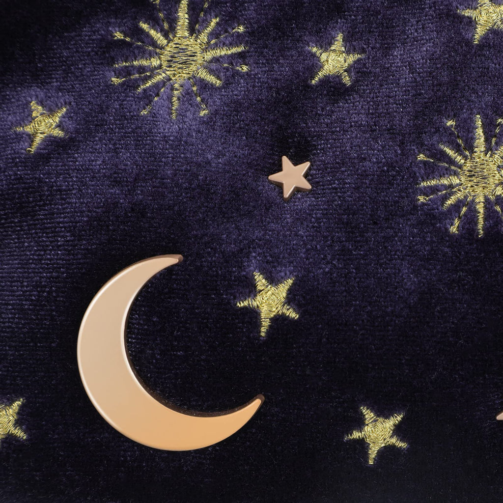 Handy cosmetic makeup bag,Navy Velvet Embroidered Applique Moon Stars Cosmetic Bag,Starry Makeup Pouch with Tassels & Pearl Zipp